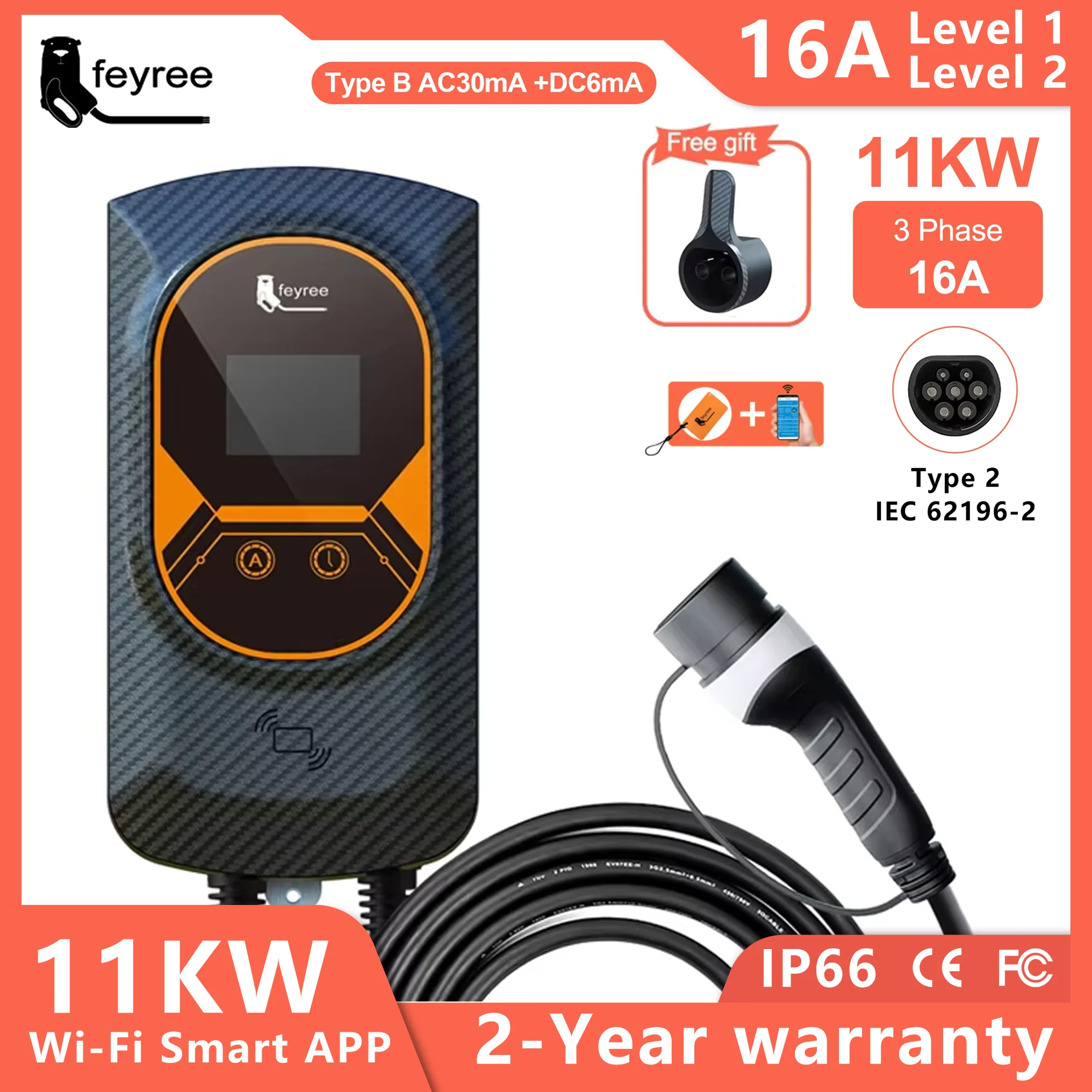 feyree EVSE Wallbox Type2 Cable 32A 7.6KW EV Car Charger 11KW 22KW 3 Phase Charging Station APP Control for Electric Vehicle