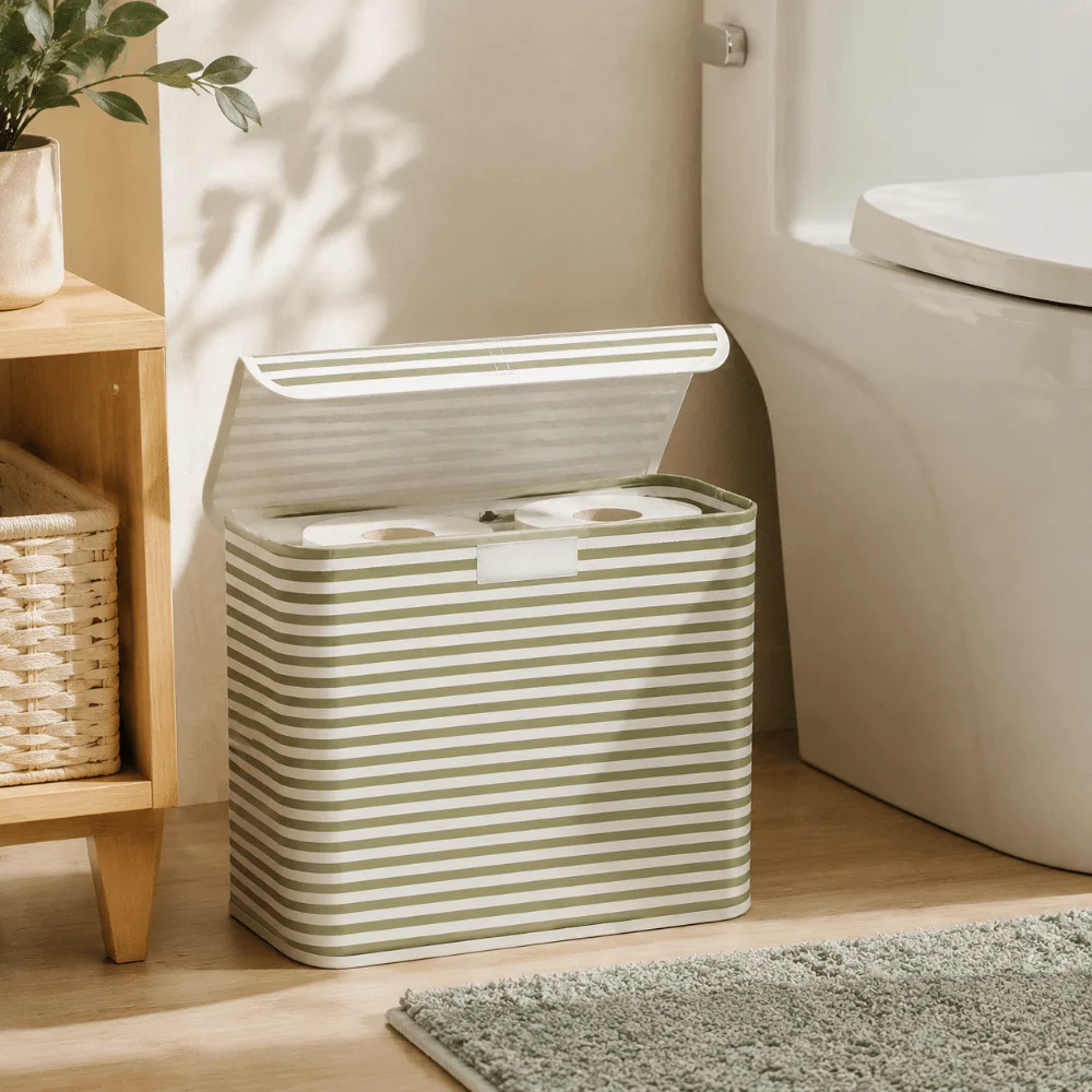 Minimalist Foldable Toilet Paper Holder With Lid Stripe Printed Bathroom Tissue Box Space-Saving Storage Basket Home view 2