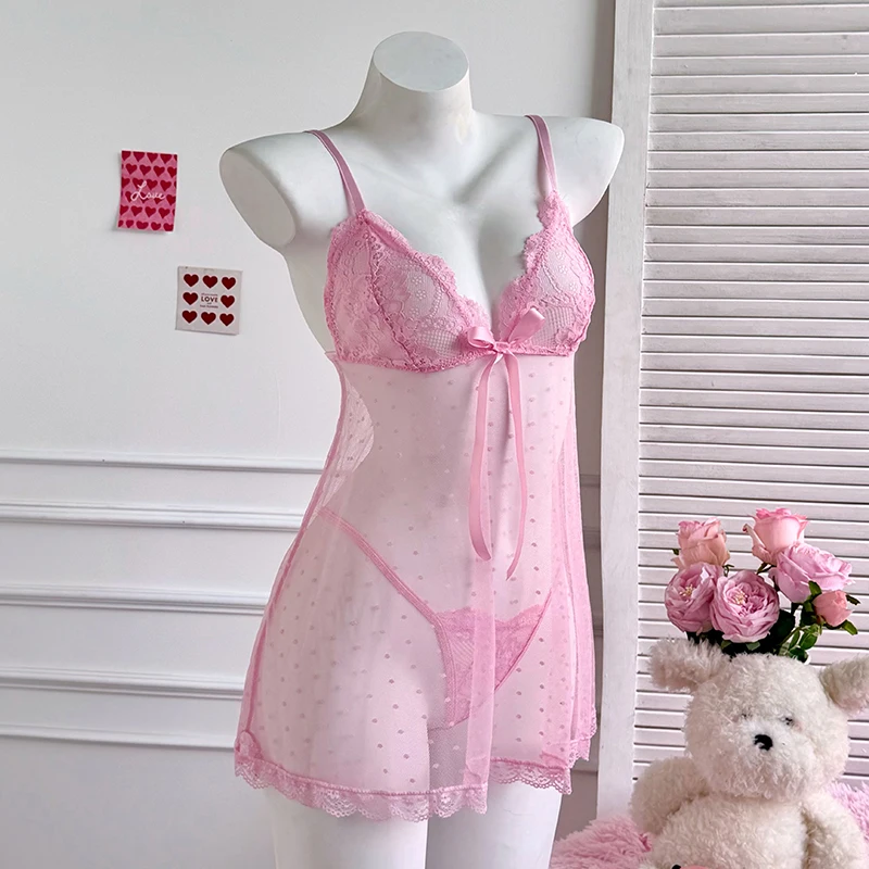 Two Piece Set Pink Sexy Women's Perspective Polka Dot Dress And Thong Set For Home Nightgown Clothing - view 2