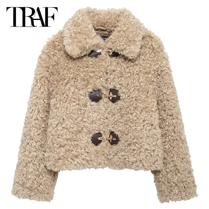 TRAF Fleeced Teddy Jacket Women's Winter Jacket Autumn Outerwears New In Coats Fluffy Long Sleeve Coat Elegant Crop Plush Jacket