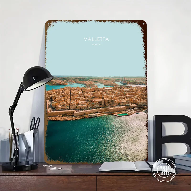 Valletta Malta Skyline Art Personalized 3D Textured Metal Poster Wall Art Vintage Tin Signs for Interior Decoration Living Room