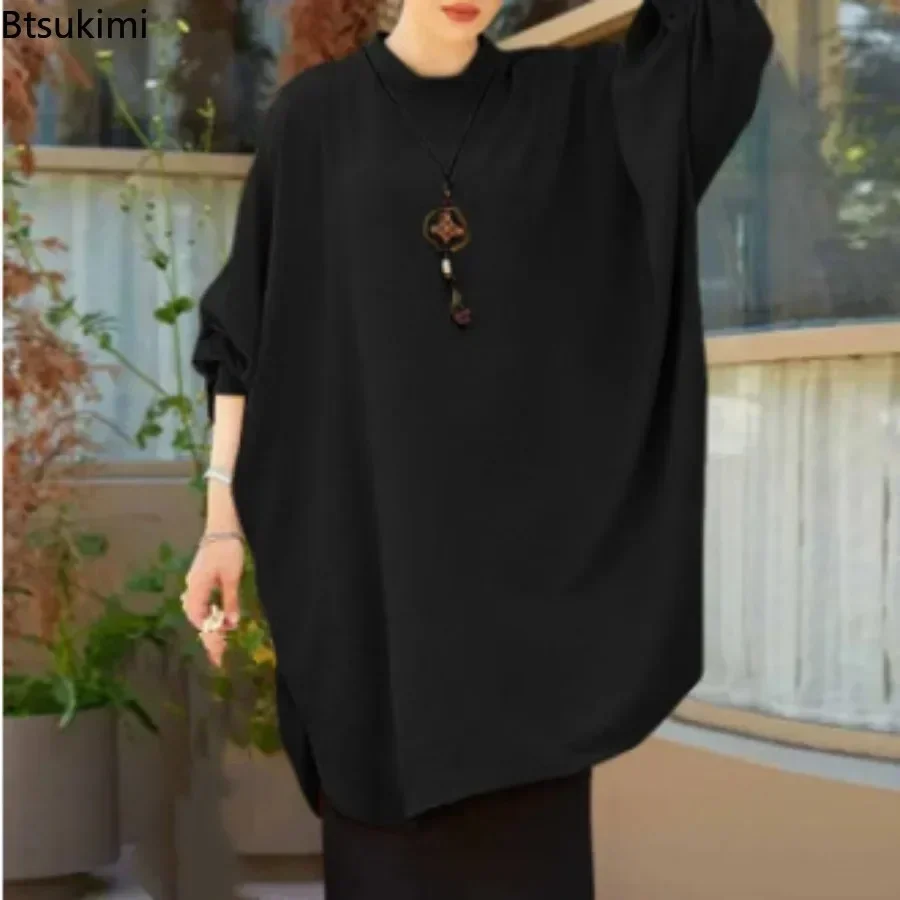 2025 Women's Muslim Blouses Elegant Solid Loose Casual O-neck Lantern Sleeve Pullover Tunic Tops Ramadan Abayas Blusas Mujer New