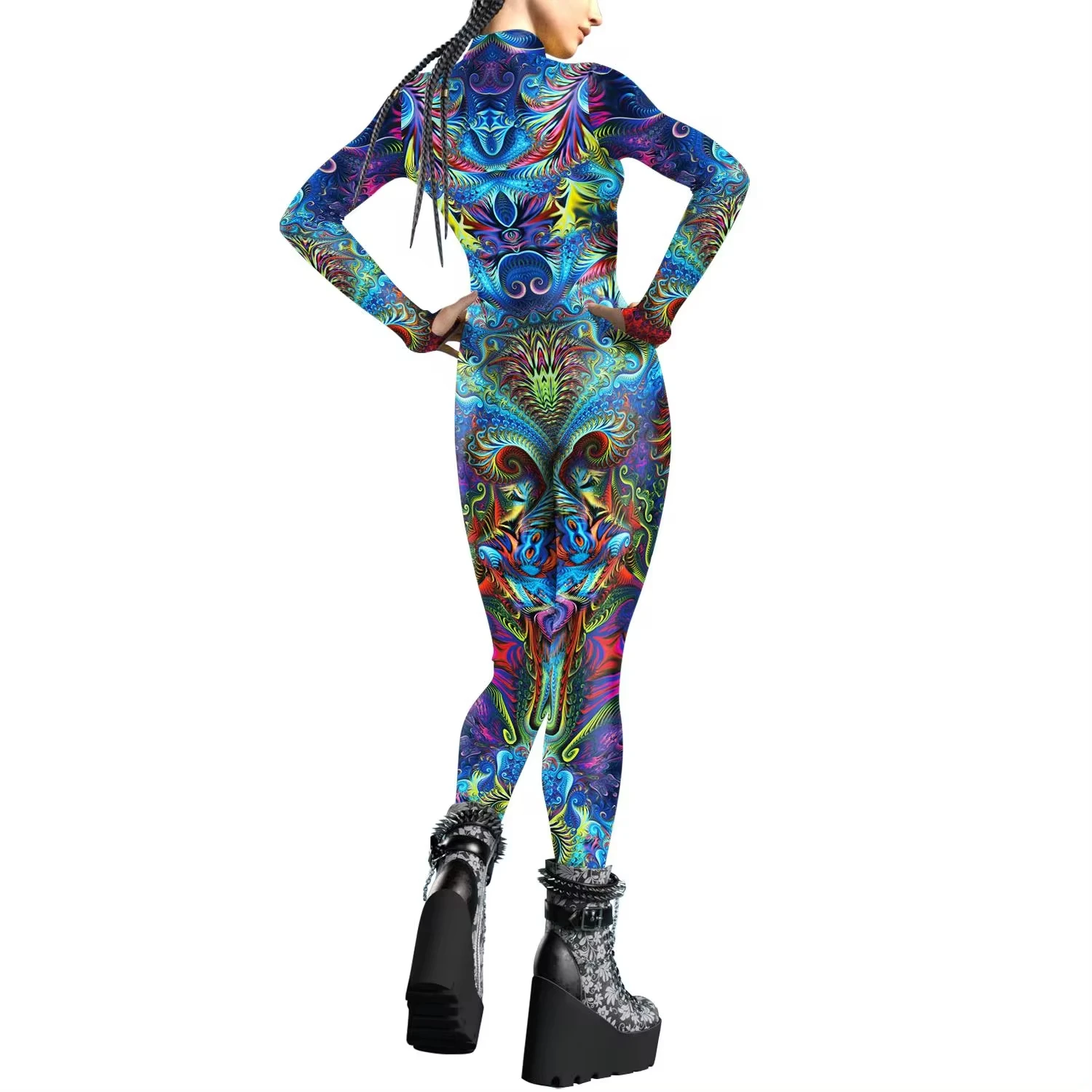 Fraktal Vrouw Man Sexy Zentai Pak 3d Geprint Cosplay Kostuum Brandende Man Festival Jumpsuit Halloween Feestkleding 2024