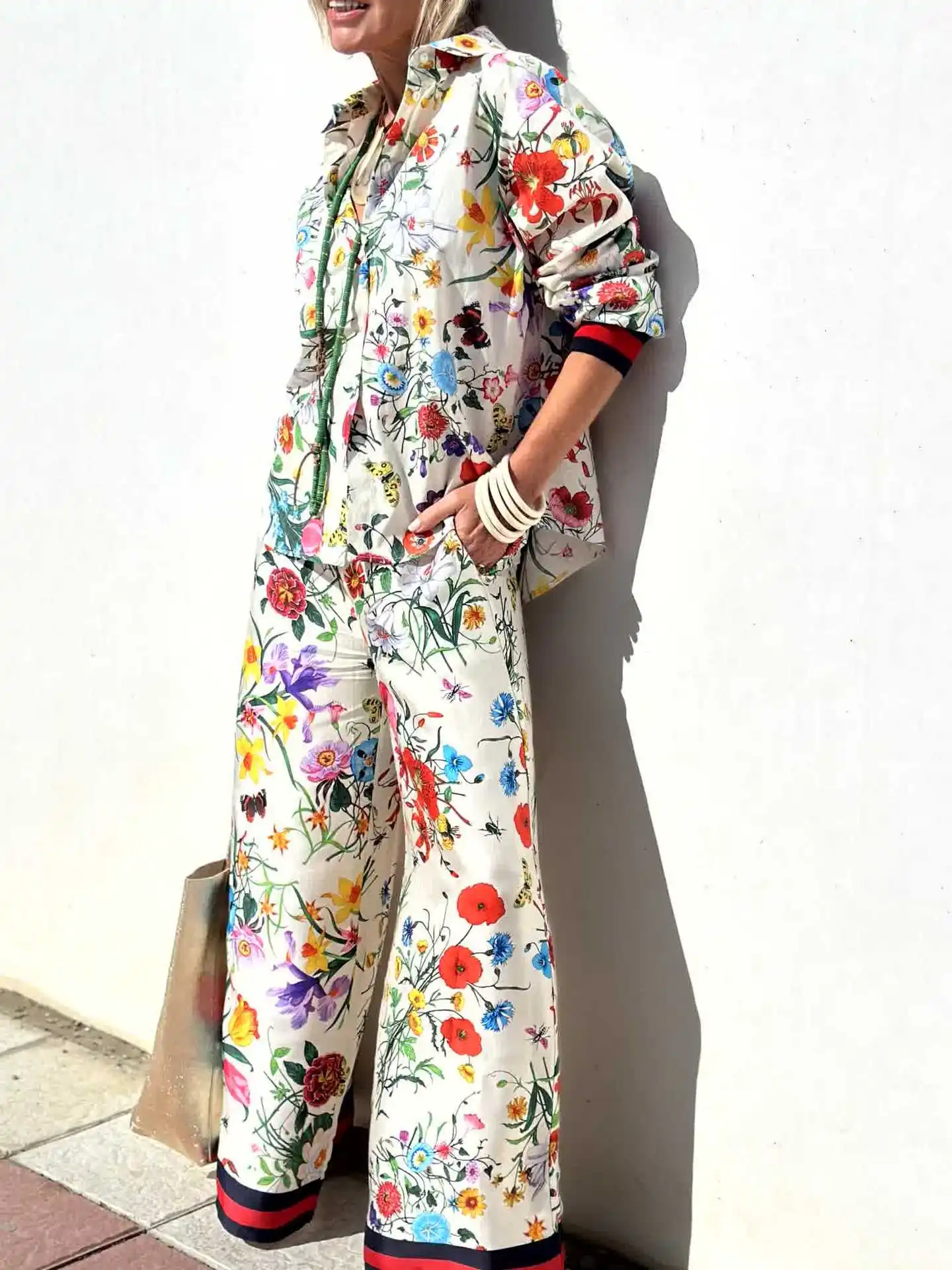 

Fashion Print 2 Piece Set Loose Lapel Button Spliced ​​long Sleeved Shirt High Waist Trousers Spring Commuter Women Clothing