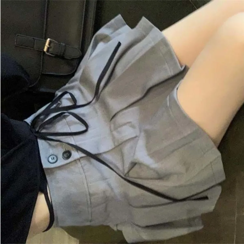 Solid Skirts Button Preppy Style High Waist A-line Women American Elegant Y2k Skirt Vintage Gray Streetwear Ruched Ball Gown