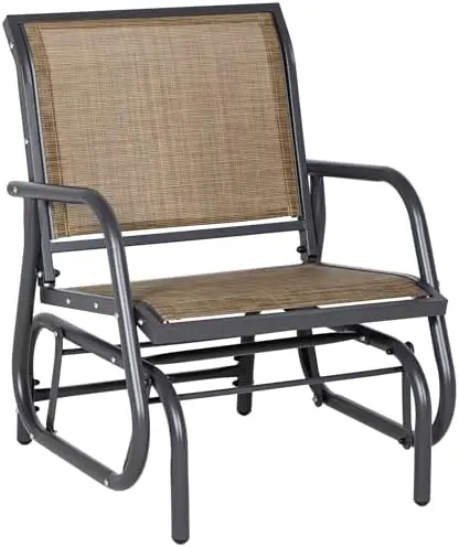 Porch Glider Steel Frame Light Mixed Brown | Swing Glider Chair, Breathable Mesh Fabric, Curved Armrests, for Garden