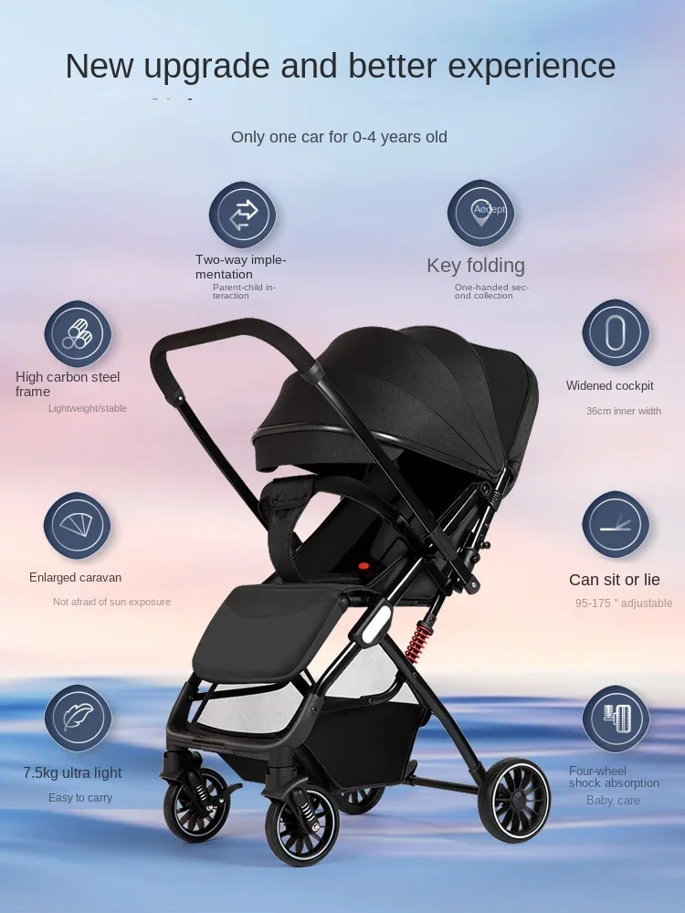 Lightweight Folding Two-way Push Baby Stroller Can Sit and Lie Down with Four Wheel Shock Absorption Portable Baby Umbrella Cart