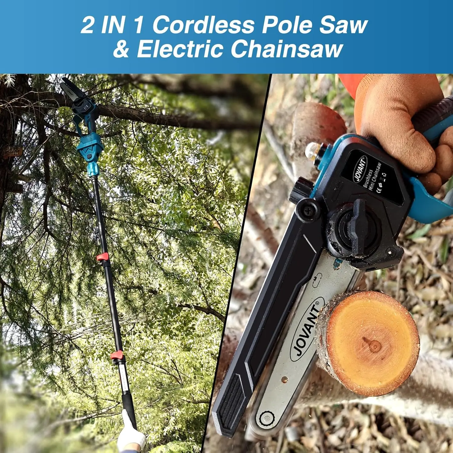 2-in-1 Cordless Pole Saw, Mini Chainsaw Cordless with Pole, 2 Pack 20V 4.0Ah Battery Powered Pole Saws for Tree Trimming, 15ft R