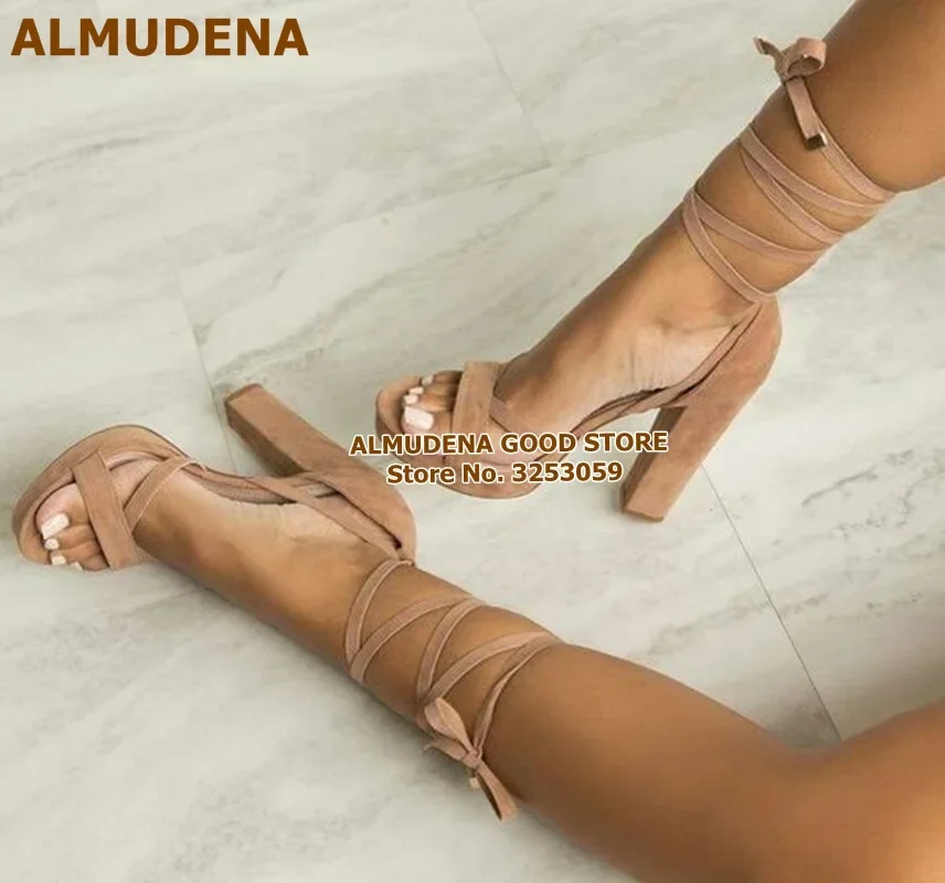 ALMUDENA أعلى جودة الأصفر الجلد المدبوغ منصة حذاء بكعب سميك صنادل طراز جلاديتور الدانتيل متابعة عبر Strappy مأدبة أحذية ملهى ليلي مضخات