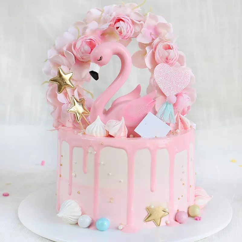 Flamingo-Kuchenaufsatz, Mädchen, alles Gute zum Geburtstag, Party-Kuchendekoration, Palmenblätter, Hochzeit, Party-Dekoration, Flamingo, tropisches Partyzubehör