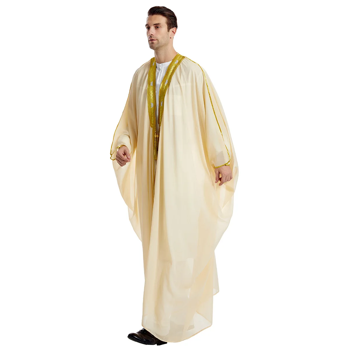 Jubba-Robe longue en mousseline de soie pour hommes, manches chauve-souris, caftan arabe, Abaya ouverte, Dubaï, Eid, Turquie, vêtements musulmans