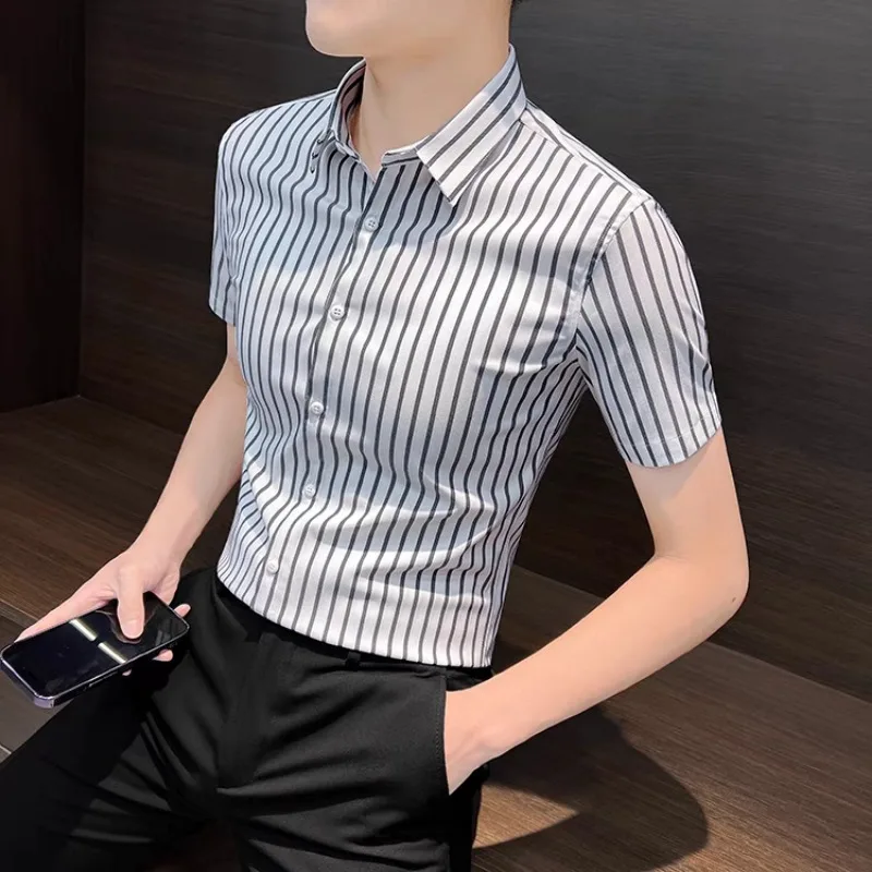 Camisas Shirt Men High Quality Luxury Clothing Summer Short Sleeve Striped Shirts for Men Slim Blouse Business Casual Shirt New