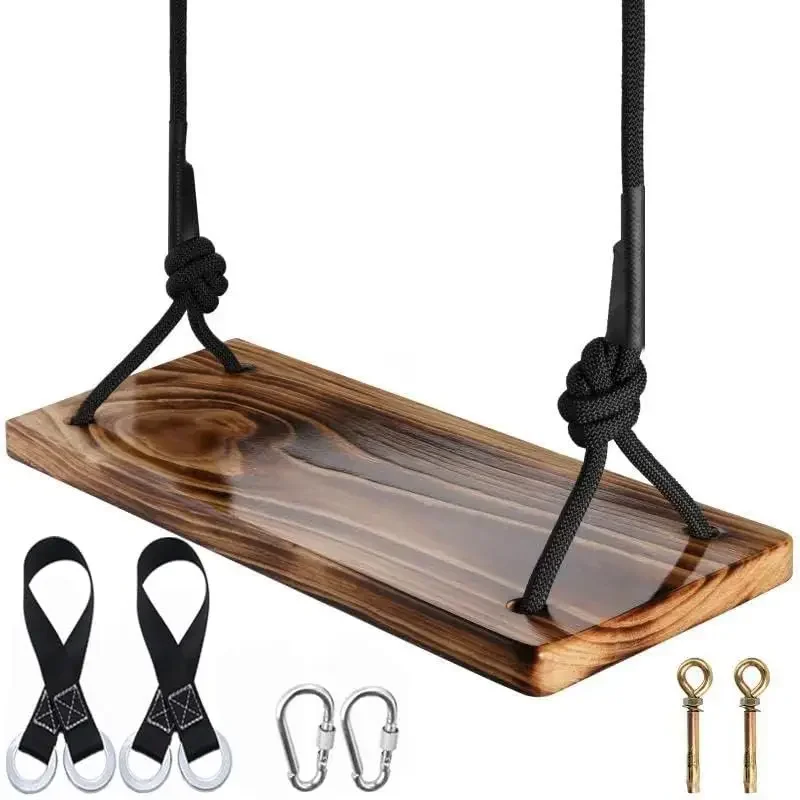 Carbonized Hanging Swing Seat with Adjustable Rope for Adult Kids Garden,Yard,Indoor,Outdoor Durable Wooden Swing Withstand