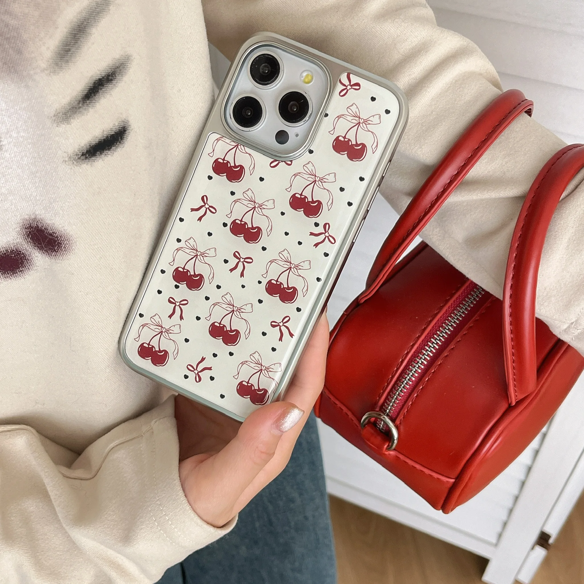 เกาหลีINSกรอบElectroplatedเชอร์รี่และBowknotsรูปแบบเคสโทรศัพท์สําหรับiPhone 16 15 14 11 12 13 Pro Max Plusปกหลัง