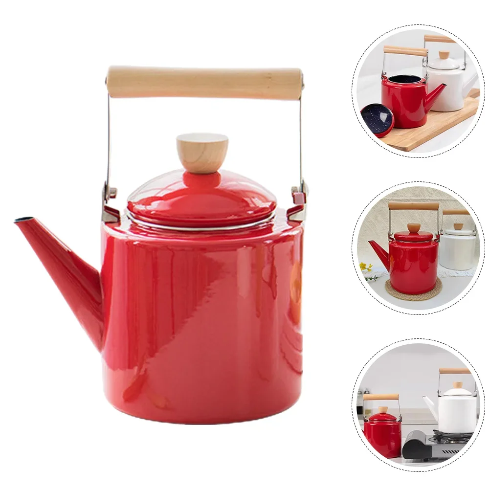 Enamel pot kitchen tea portable coffee teapot, cold water teapot, stove teapot, wood handle enamel