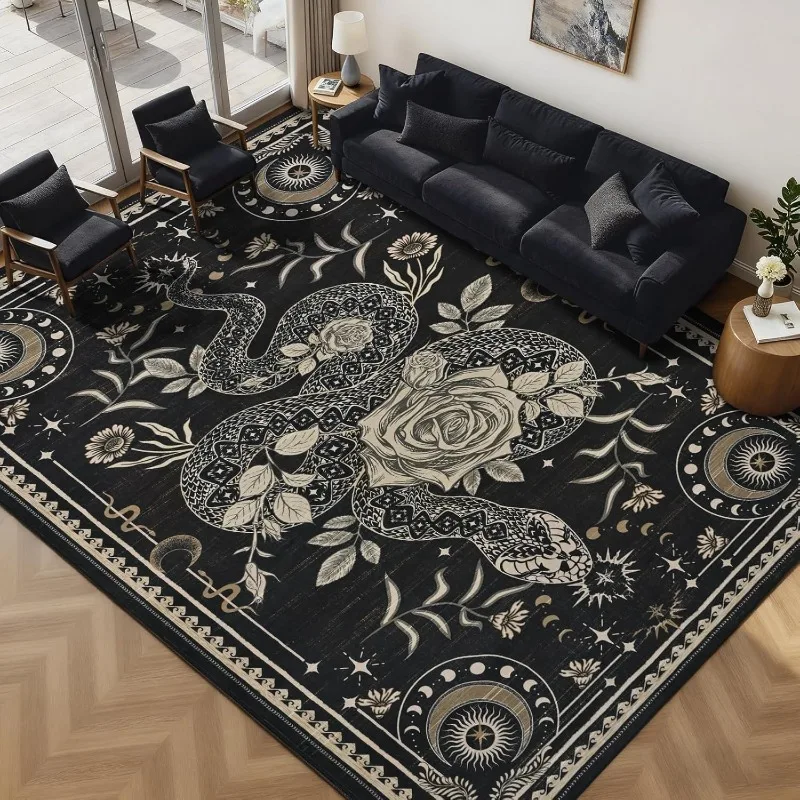 Silver Flower Snake Living Room Carpet Foldable Machine Washable Coffee Table Anti-slip Floor Mat Bedroom Bedside Soft Rug Tapis