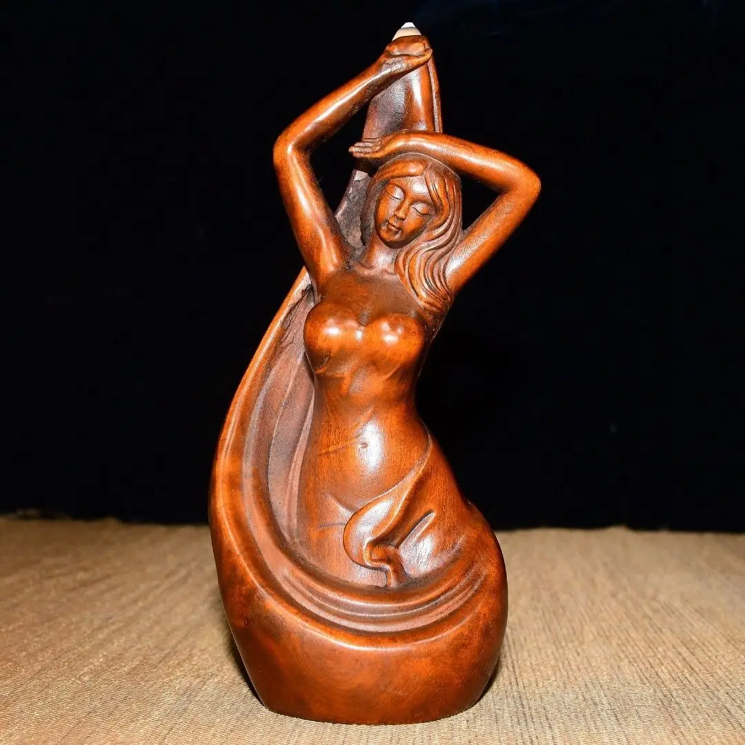 Hand Carved Wood long hair Beauty  Backflow Incense Burner Statue Figurine Desktop Ornaments Home Decoration