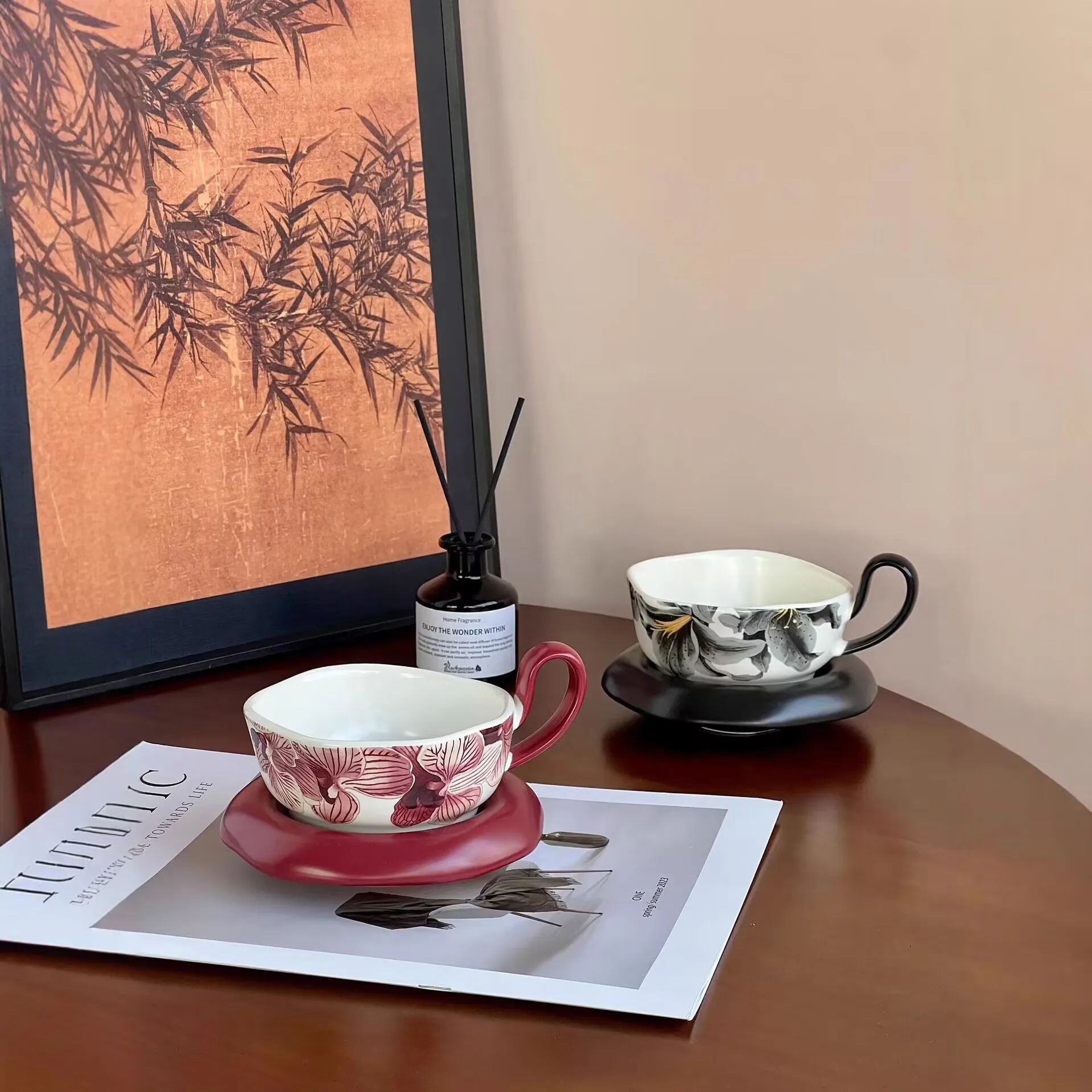 

Ear-pendant coffee cup and saucer set, Mo Yu Orchid, Chinese ink painting style, lightweight luxury high-end feel, home and offi