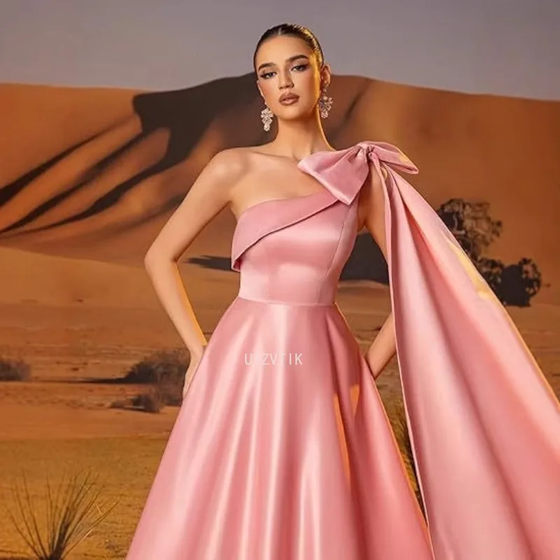 Elegant Bow Tied Ball Gowns Women One Shoulder Satin Prom Dresses Long Strapless Formal Evening A Line Corset Party Gown Robe