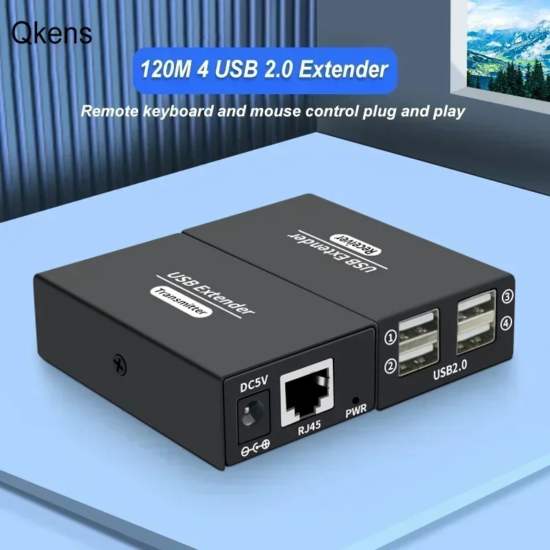 

Удлинитель USB 2.0 на 120 м через Ethernet (RJ45, Cat6) с 4 портами: передатчик-приемник для клавиатуры, мыши, принтера, сканера, USB-накопителей