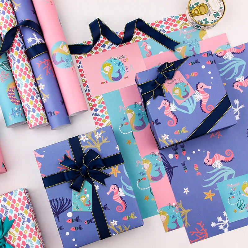 4 Pcs Cartoon Mermaid Wrapping Paper Roll for Wedding Kids Birthday Holiday Baby Shower Gift Wrap Craft Paper Decor Gifts