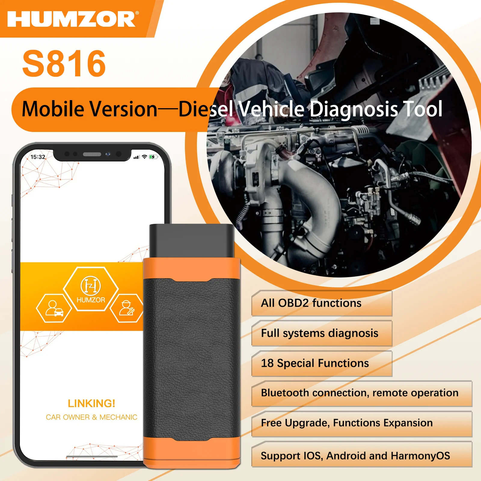 HUMZOR S816 Mobile Diesel OBD2 Scanner, Full System Diagnostic Tool with 18 Special Functions, Bluetooth Code Reader for Pros