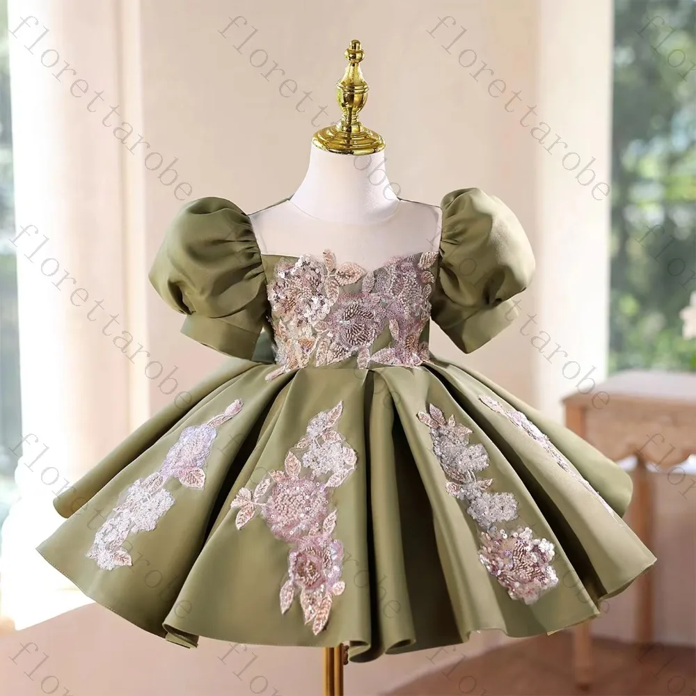 Customized Green Flower Girl Dress A Line Short Square Neck Puff Sleeve Satin Sequin Floral Applique Wedding Kids Princess Gown