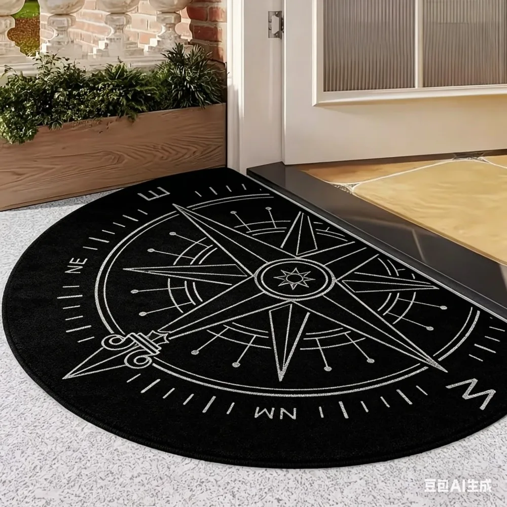 Nautical Compass Semicircle Door Mat Black White Navigator Welcome Rug Anti-Slip Entrance Floor Mat for Home  Entryway Decor