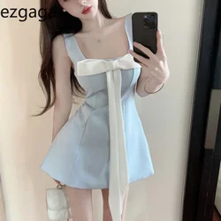 Ezgaga Elegant Mini Dresses Women Bowknot Sleeveless Square Collar Backless Slim Sexy Sweet Party Dress Female Fashion