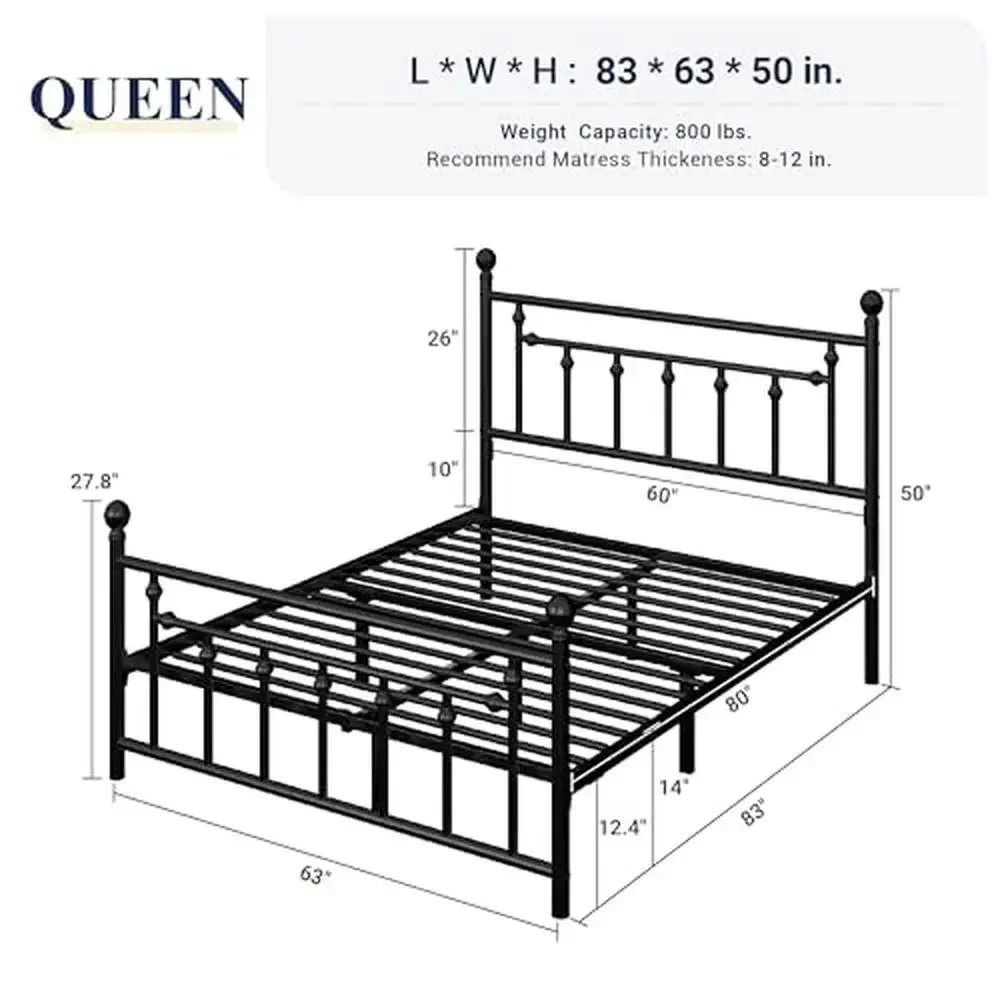 Queen Size Victorian Vintage Metal Platform Bed Frame with Under Bed Storage Sturdy Steel Construction Noise-Free Design Easy