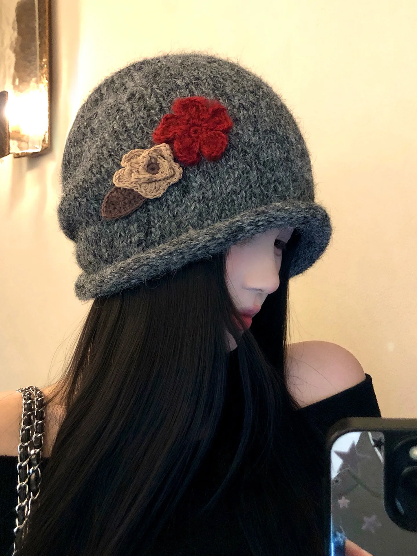 Retro Flower Handmade Crocheted Cuffed Yarn Hat Women's Autumn Winter New Style Warm Versatile Ear Protection Cold Cap Wrap Hat