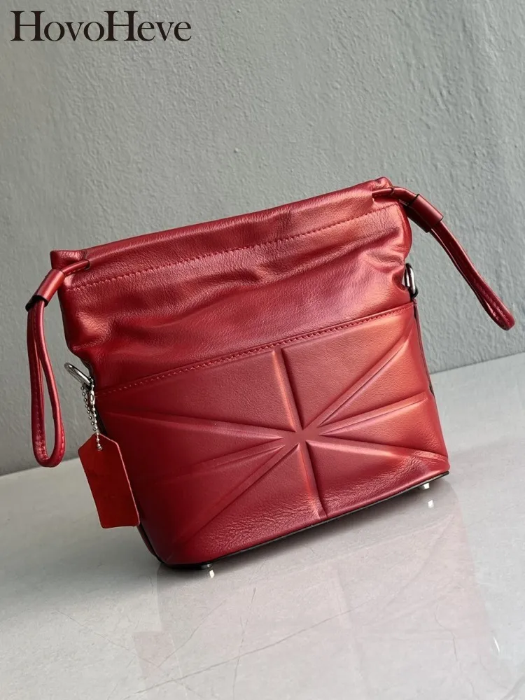 Concise Female Genuine Leather Crossbody Bags High Quality Ladies Drawstring Handbag Solid Color Cowhide Single Shoulder Bag