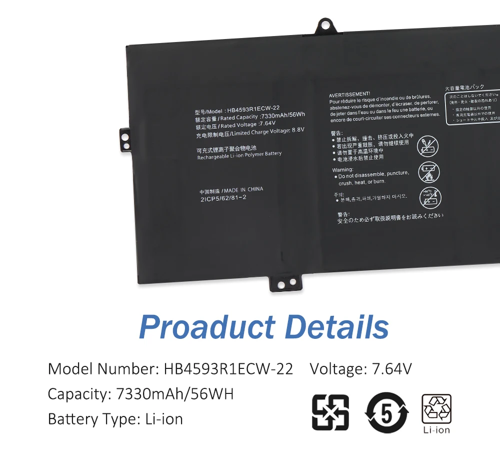 ETESBAY HB4593R1ECW-22 Batterie D'ordinateur Portable Pour Huawei MatePle14 2020 2021 Série KLVL-WFH9 KLVD-WFH9 MACHD-WFE9 7330mAh/56WH