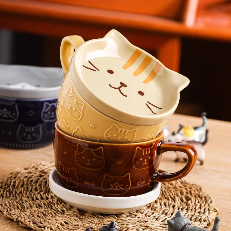 Japanese style ceramic cartoon animal mug cute home breakfast cup office coffee cup with lid couple water cup