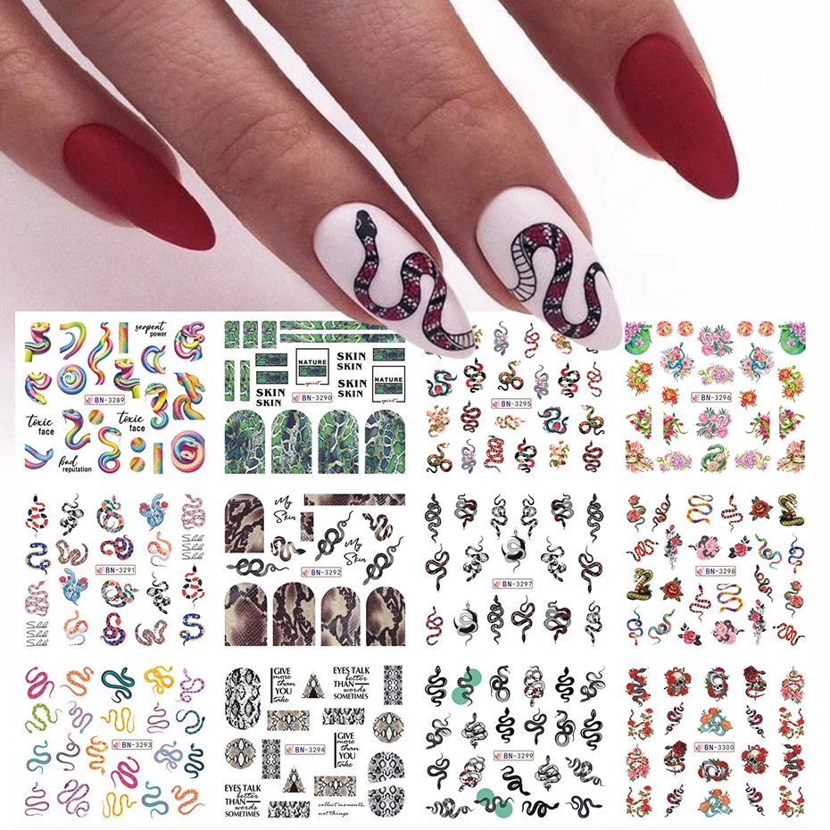 12 Design Snake Nail Water Transfer Sticker 3D Snake Skin Texture Rose Flower Pattern Water Decals  Animal Slider Manicure Foils