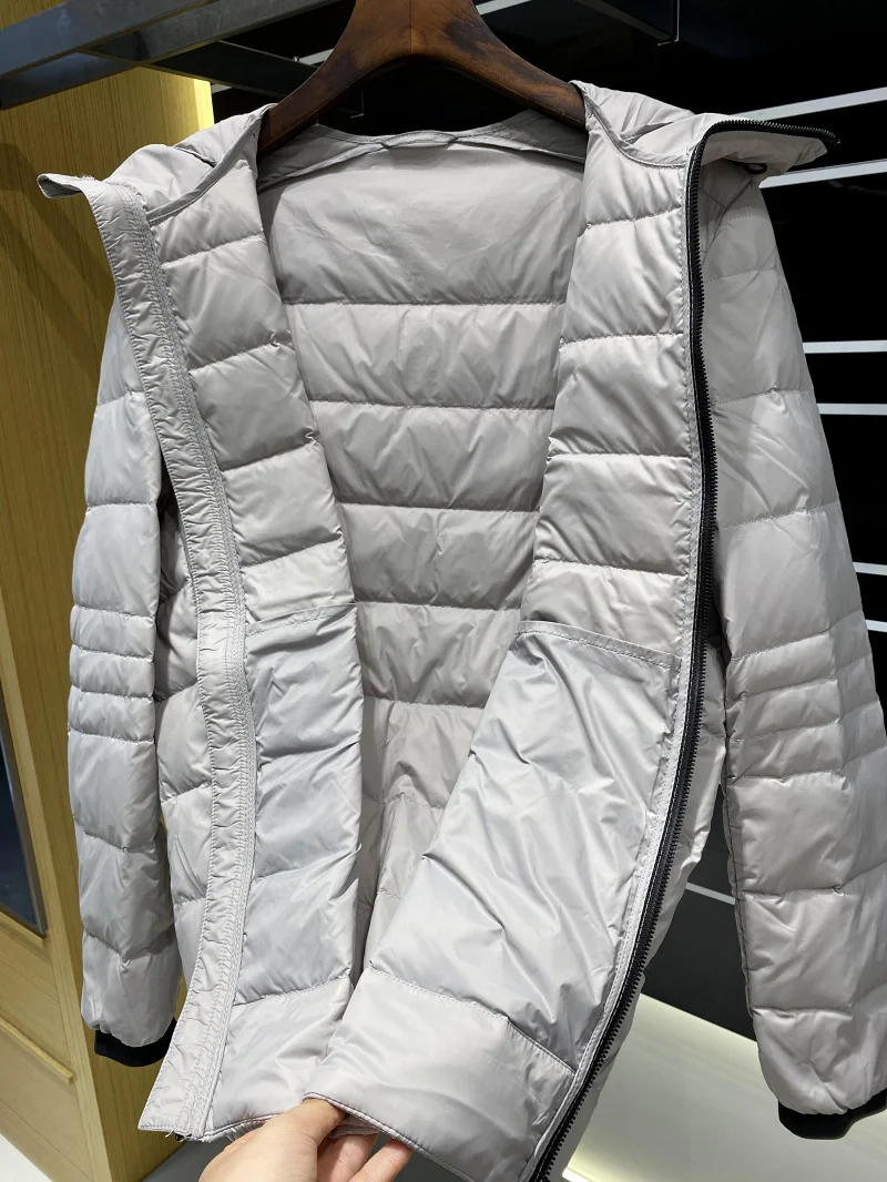 High-End-Herren-Daunenjaet, leicht, lässig, Outdoor, mit Kapuze, Du-Daunen, neuer Wintermantel, Reißverschluss, Polyesterstoff