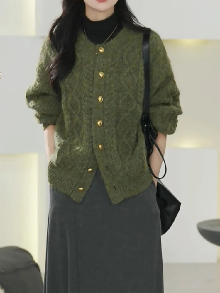 

Korean Sle round Ne Knitted Open Cardigan Slimming een Color Classy Top for Autumn Season plus Size Warmth Retaining