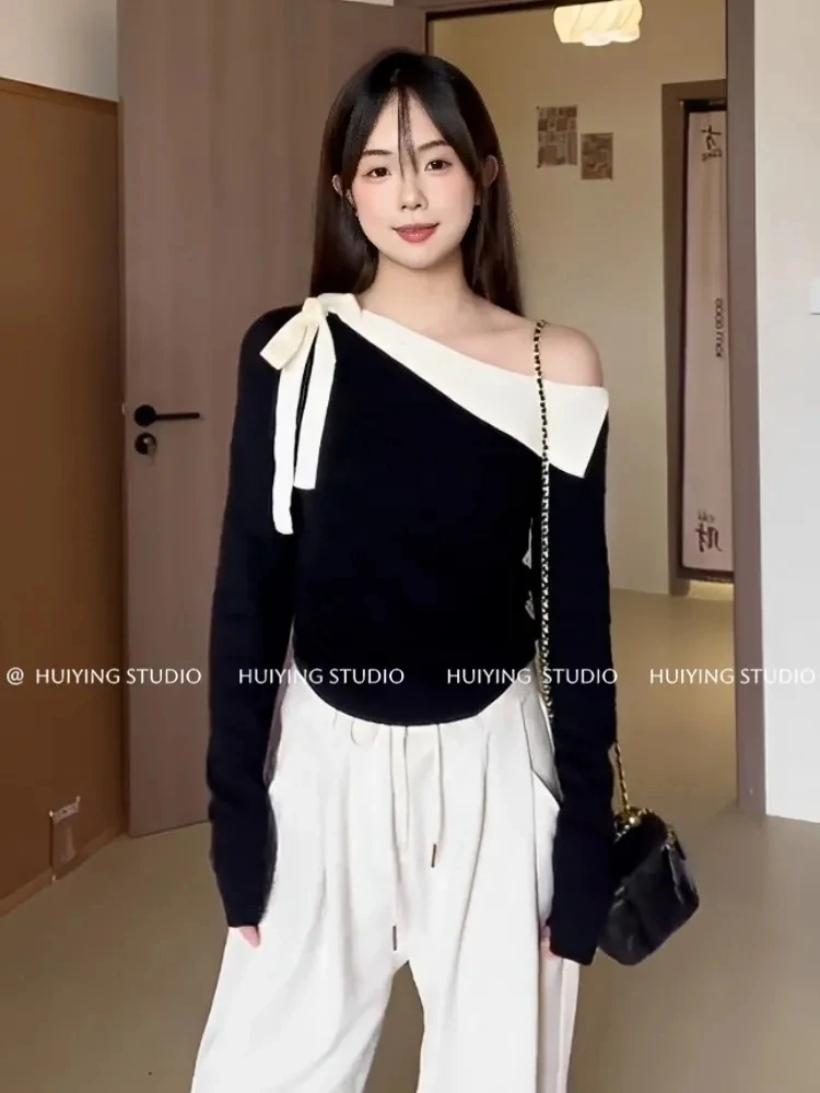 Spring Autumn New Skew Collar Long SleeveFashion Sweater Women High Street ContrastColor Bow Patchwork Pullovers Elegant Tops