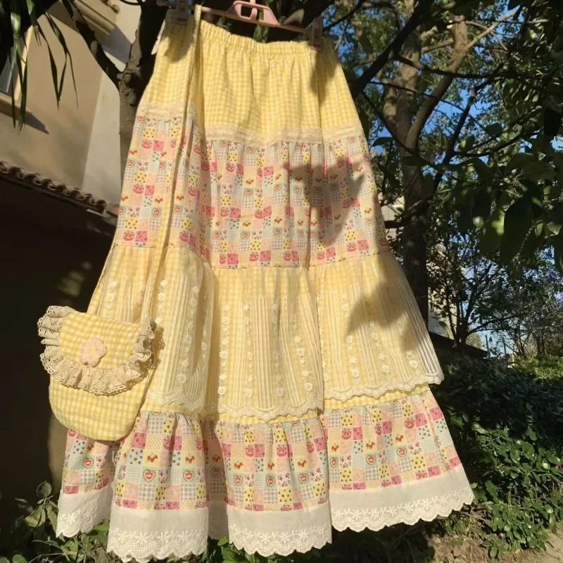 New Summer Vintage Stitching Print Skirts Sweet Loose Design Cake Skirt Women Korean Fashion Patchwork Retro Outfits Beach
