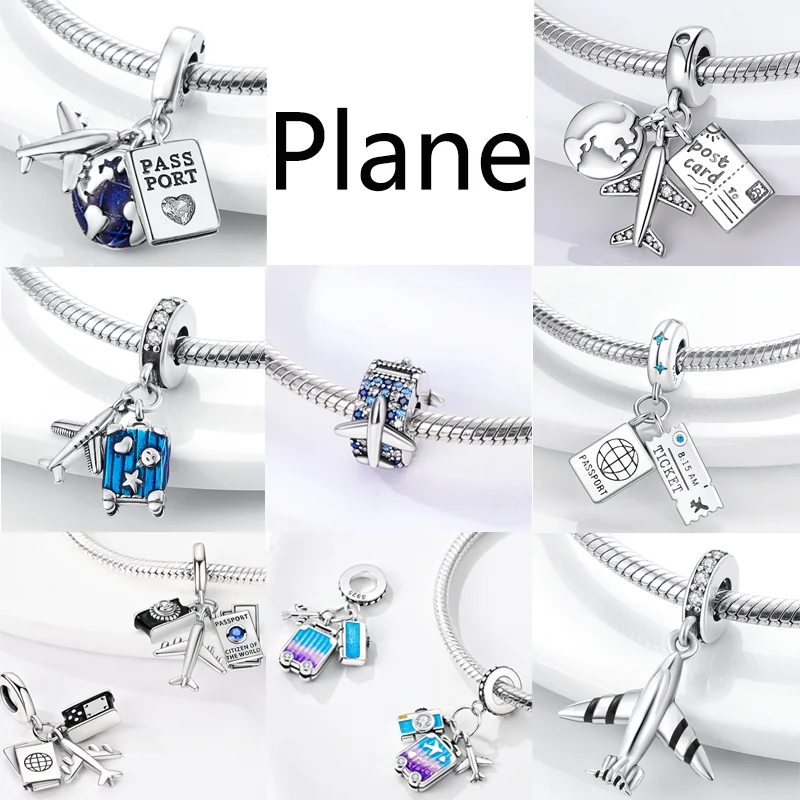 Original Charms 925 Silver Travel Series Plane Camera Handbag Pendants Beads Fit Woman Bracelet Necklace Jewelry Charms DIY Gift