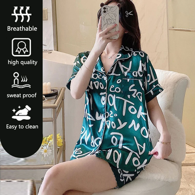 بيجامة نسائية كبيرة الحجم من الحرير الجليدي بأكمام قصيرة سترة ملابس نوم للطلاب مع ملابس منزلية مطبوعة بأحرف