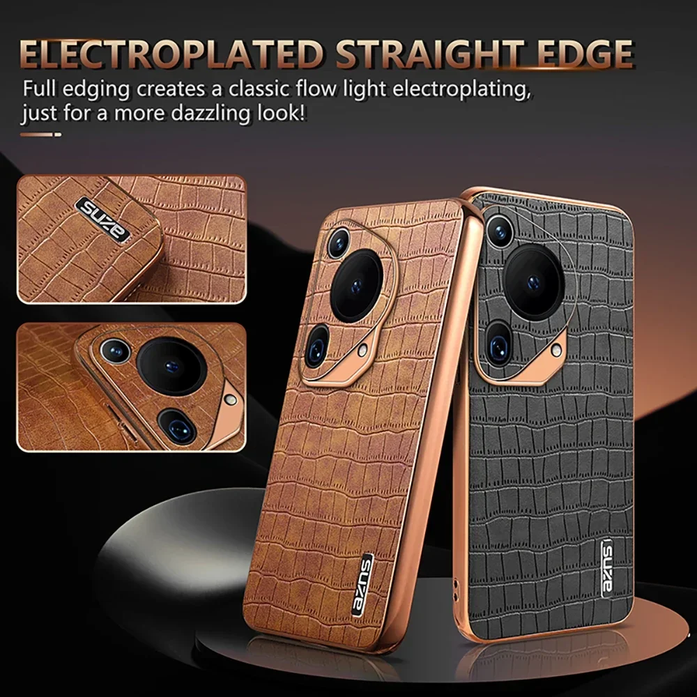 

Luxury Crocodile Leather Phone Case for Huawei Pura 70 Ultra P60 P50 E Mate 60 Pro Plus 50 RS Shockproof Electroplat Frame Cover