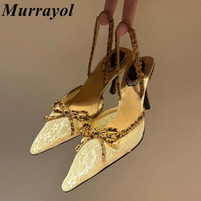 Sandali da donna in pizzo a rete con punta a punta Decorazione con nodo a farfalla Tacchi alti sottili Sandali con cinturino alla caviglia Scarpe da festa estive Décolleté