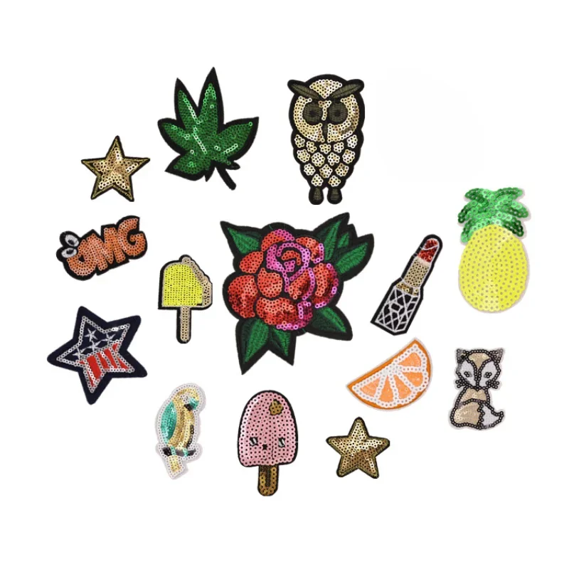 

50pcs/Lot Sequin Embroidery Patch Owl Flower Flag Ice Cream Star Fox Pineapple Leaf Shirt Bag Clothing Decoration Craft Applique