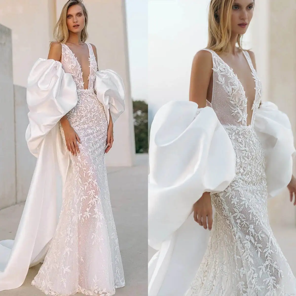 

Graceful Mermaid Wedding Dresses Lace Applique Bride Gown With Cape Sleeves Bridal Dress Illusion Backless Custom Made Vestidos