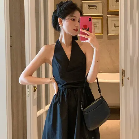 2025 여성을위한 섹시한 홀터넥 블랙 드레스 여름 해변 백리스 맥시 드레스 여성 온도 세련된 민소매 롱 드레스 Mujer