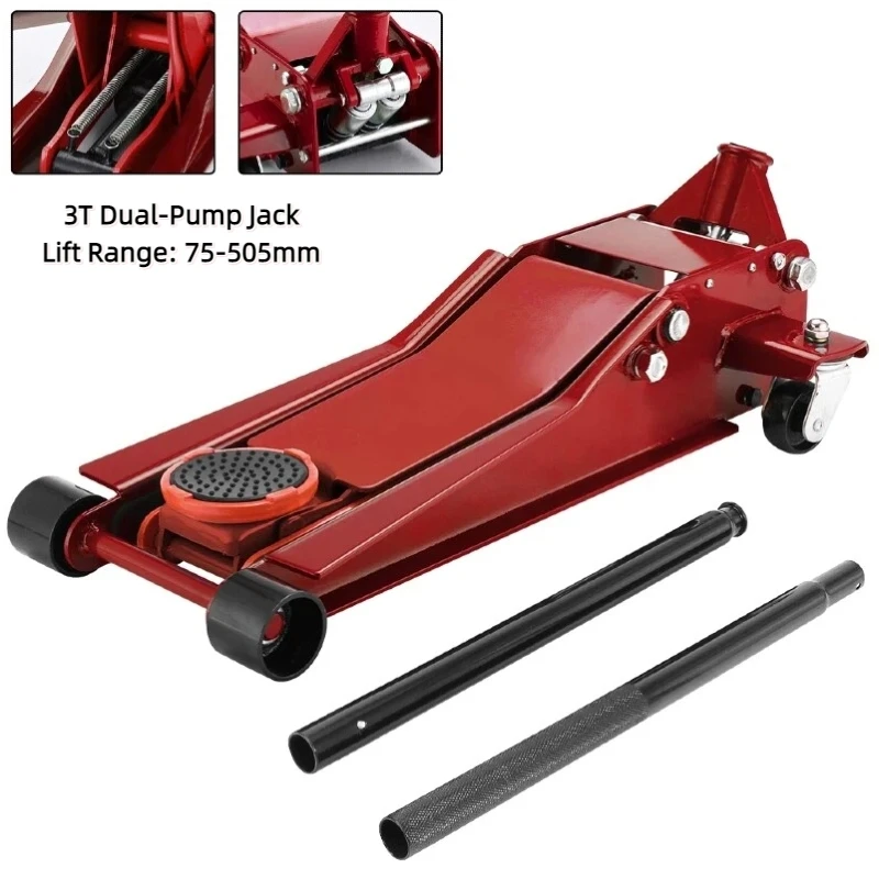 Cric hydraulique de sol 3T, cric de sol en acier robuste, chariot en acier avec double pompe, plage de levage de 75 à 505mm, outil de réparation automobile