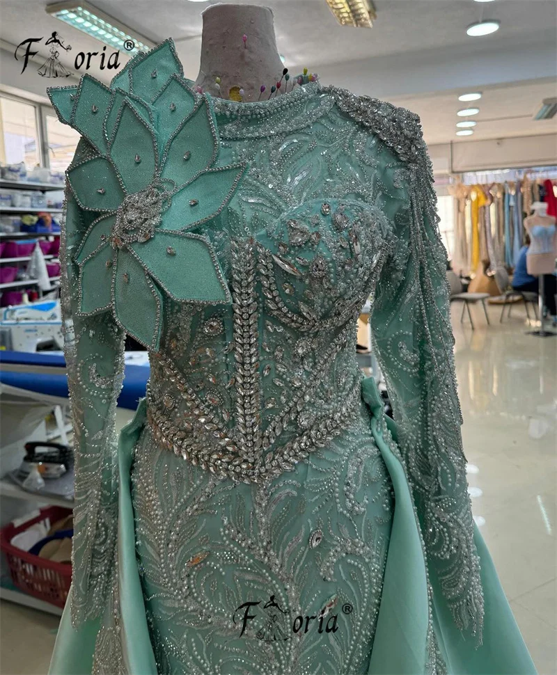 Elegant Stunning Green Beaded Crystal Formal Party Gowns Muslim Long Sleeve Mermaid Wedding Dress Vestidos de noche Evening