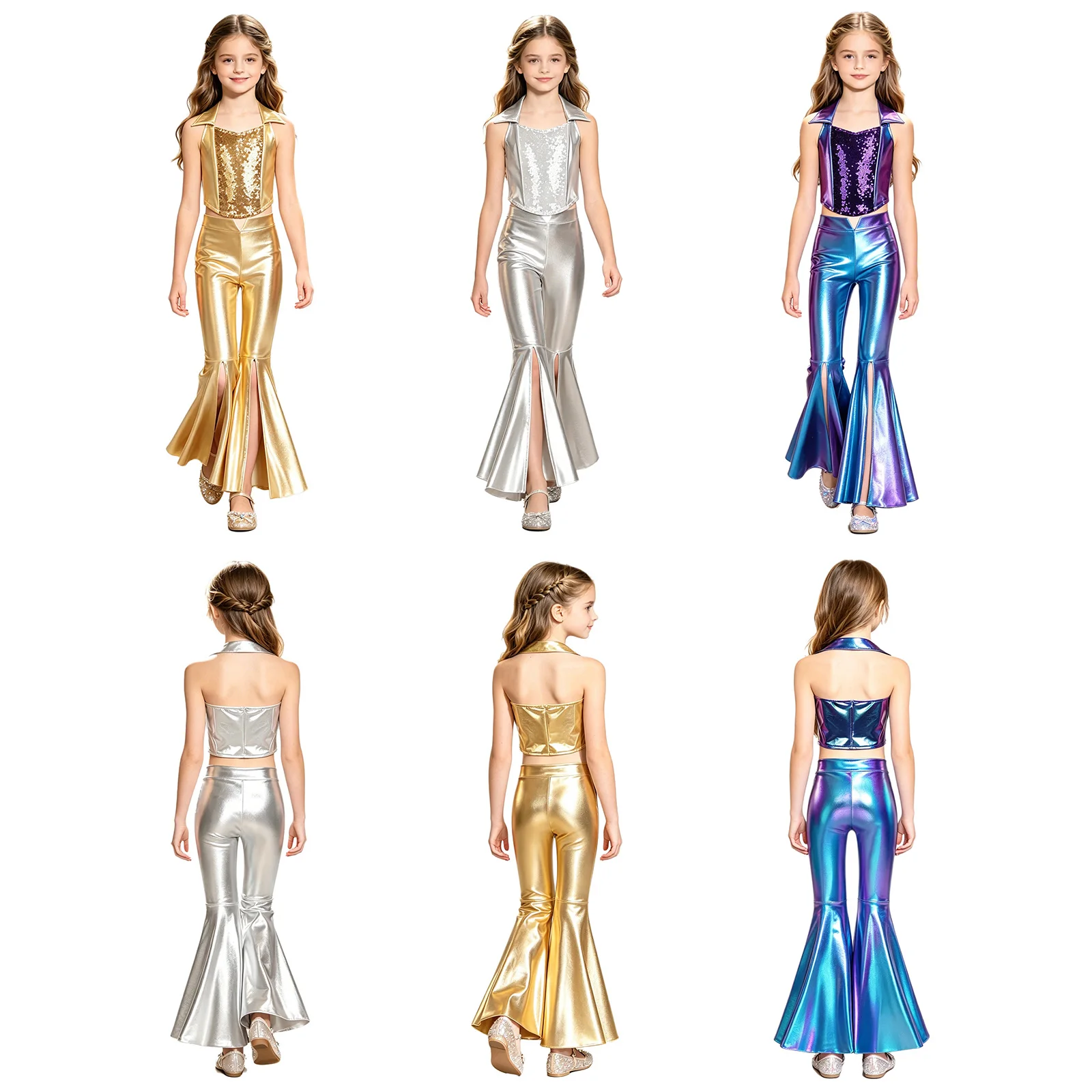 Children Girls Metallic Shiny 70s Disco Jazz Dance Performance Costume Halter Sequins Crop Tank Top with Flared Pants Dancewear