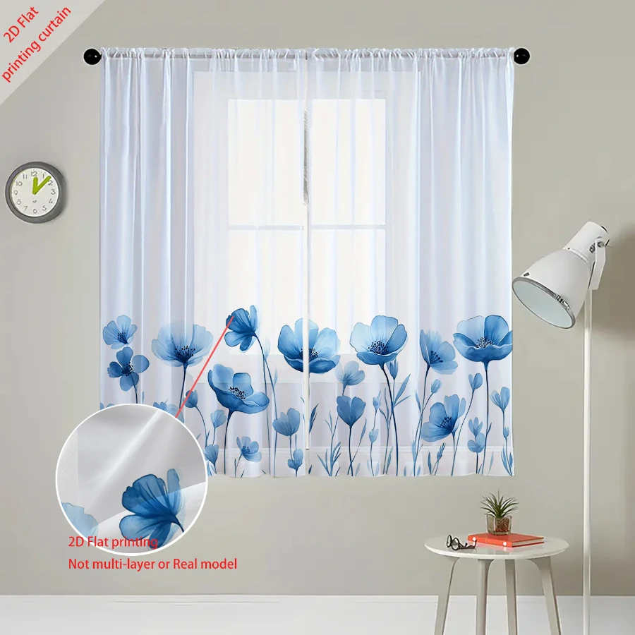 2PCS Digital Print Sheer Curtain, Watercolor Blue Poppy, Vintage Floral Window Curtains for Living Room Bedroom Home Decor